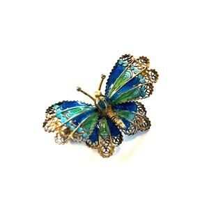 800 Silver Gilt Antique or Vintage Filigree Enamel Butterfly Brooch Blue Green